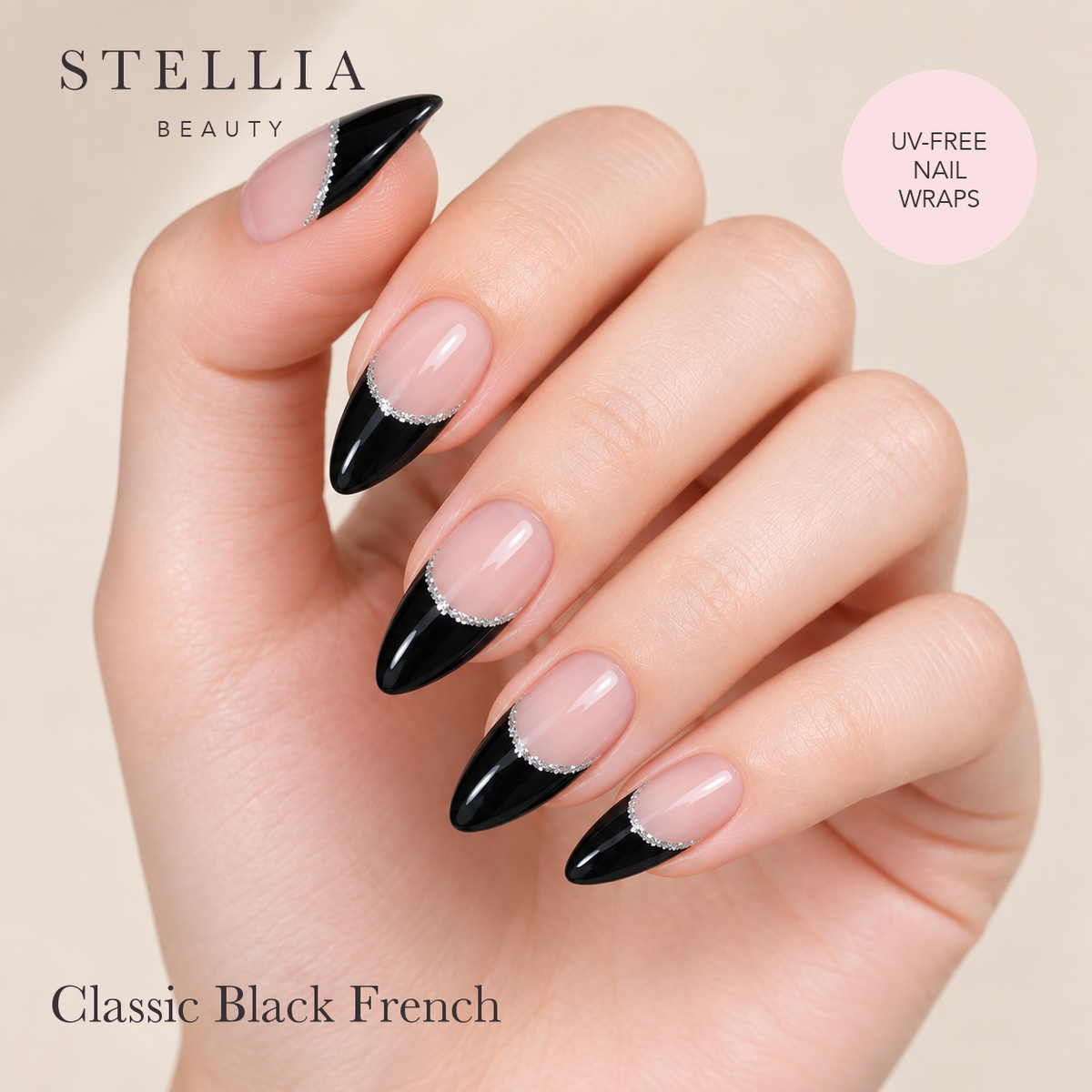Classic Black French nail wraps manicure by Stellia Beauty