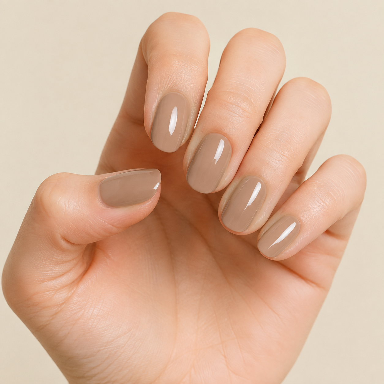 Stellia Beauty Cocoa Cashmere nail wraps on a glossy warm taupe nude manicure
