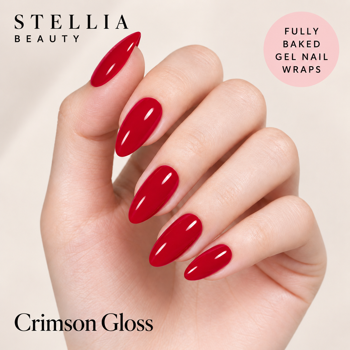 Stellia Beauty Crimson Gloss fully cured gel nail wraps on manicured hands.