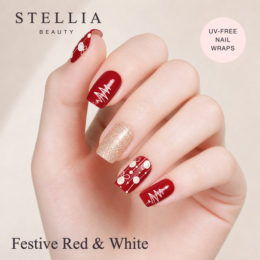Stellia Beauty Festive Red and White Christmas Nail Wraps manicure