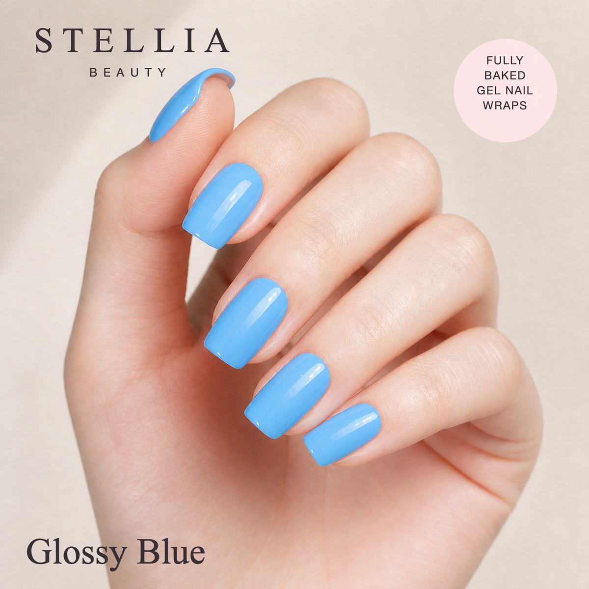 Stellia Beauty Glossy Blue Fully Cured Gel Nail Wraps manicure