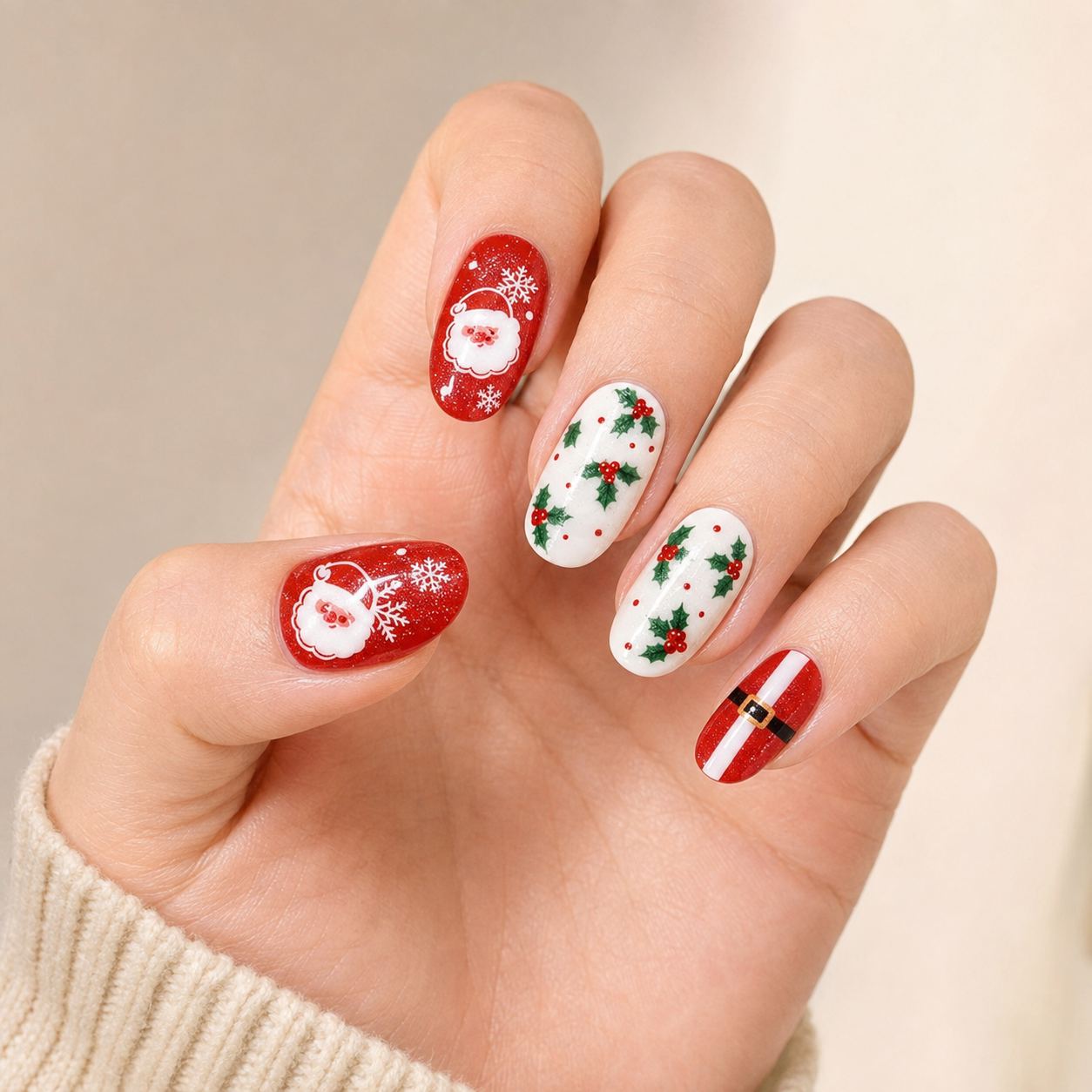 Stellia Beauty Holly Jolly Christmas nail wraps on a red, white and green Christmas motifs with Santa, holly and a belt manicure