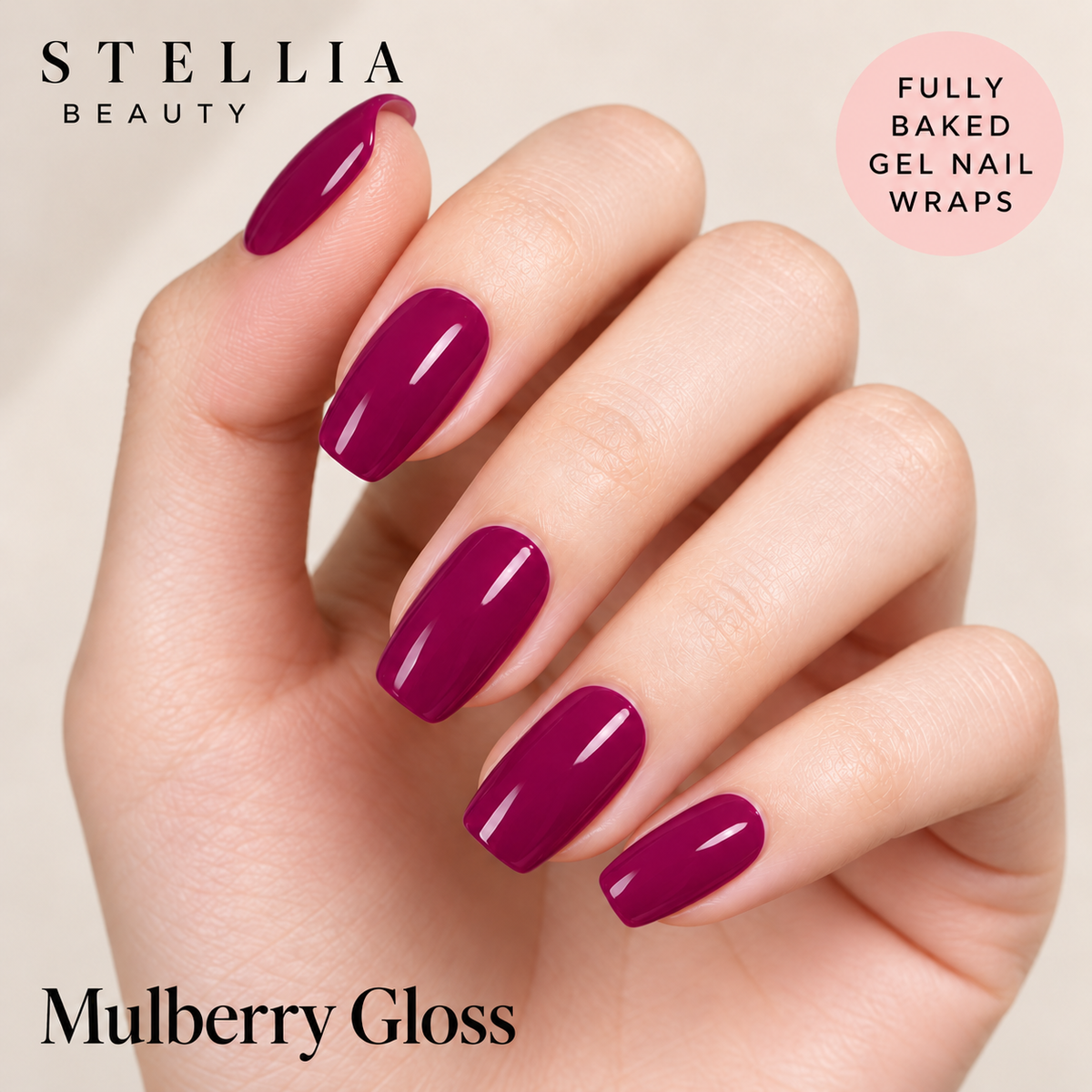 Stellia Beauty Mulberry Gloss fully cured gel nail wraps on manicured hands.
