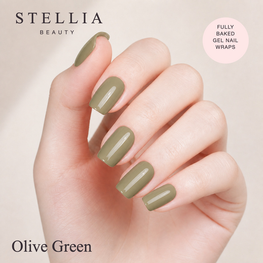 Stellia Beauty Olive Green Fully Cured Gel Nail Wraps manicure
