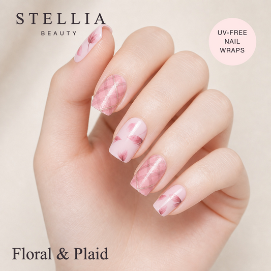 Stellia Beauty Pink Floral and Plaid Nail Wraps manicure