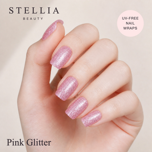 Stellia Beauty Pink Glitter Nail Wraps manicure