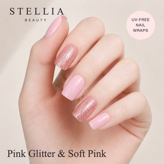 Stellia Beauty Pink Glitter & Soft Pink Nail Wraps – Sparkle & Shine Nail Wraps manicure