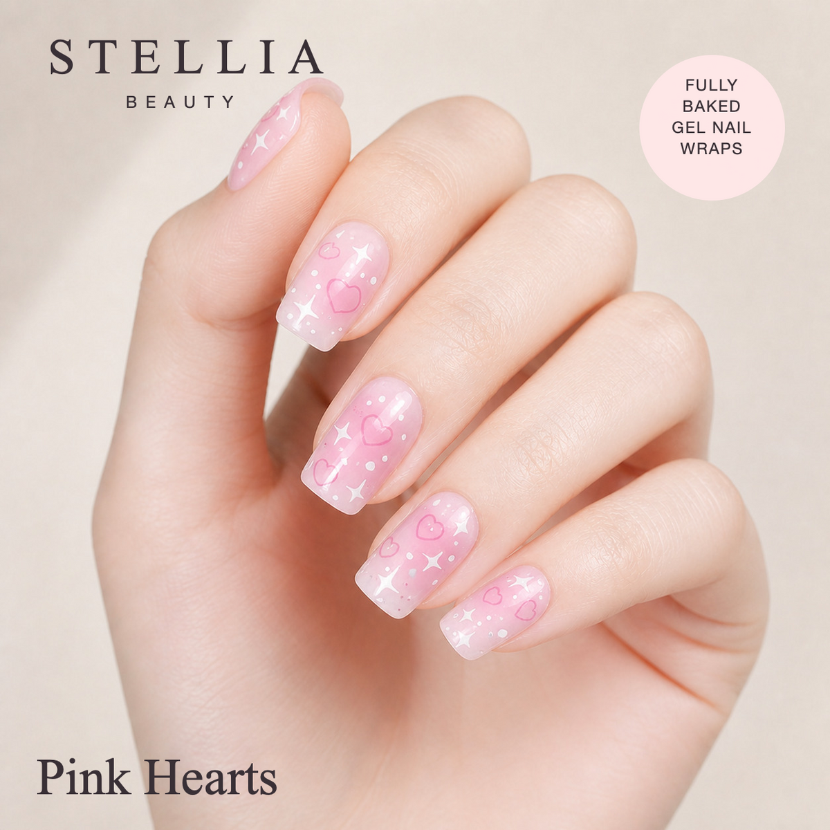 Stellia Beauty Pink Hearts Fully Cured Gel Nail Wraps manicure