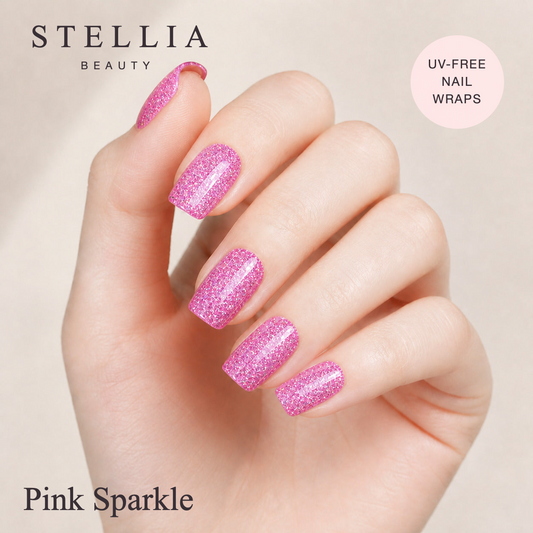 Stellia Beauty Pink Sparkle Nail Wraps – Full Glitter Glam Look manicure