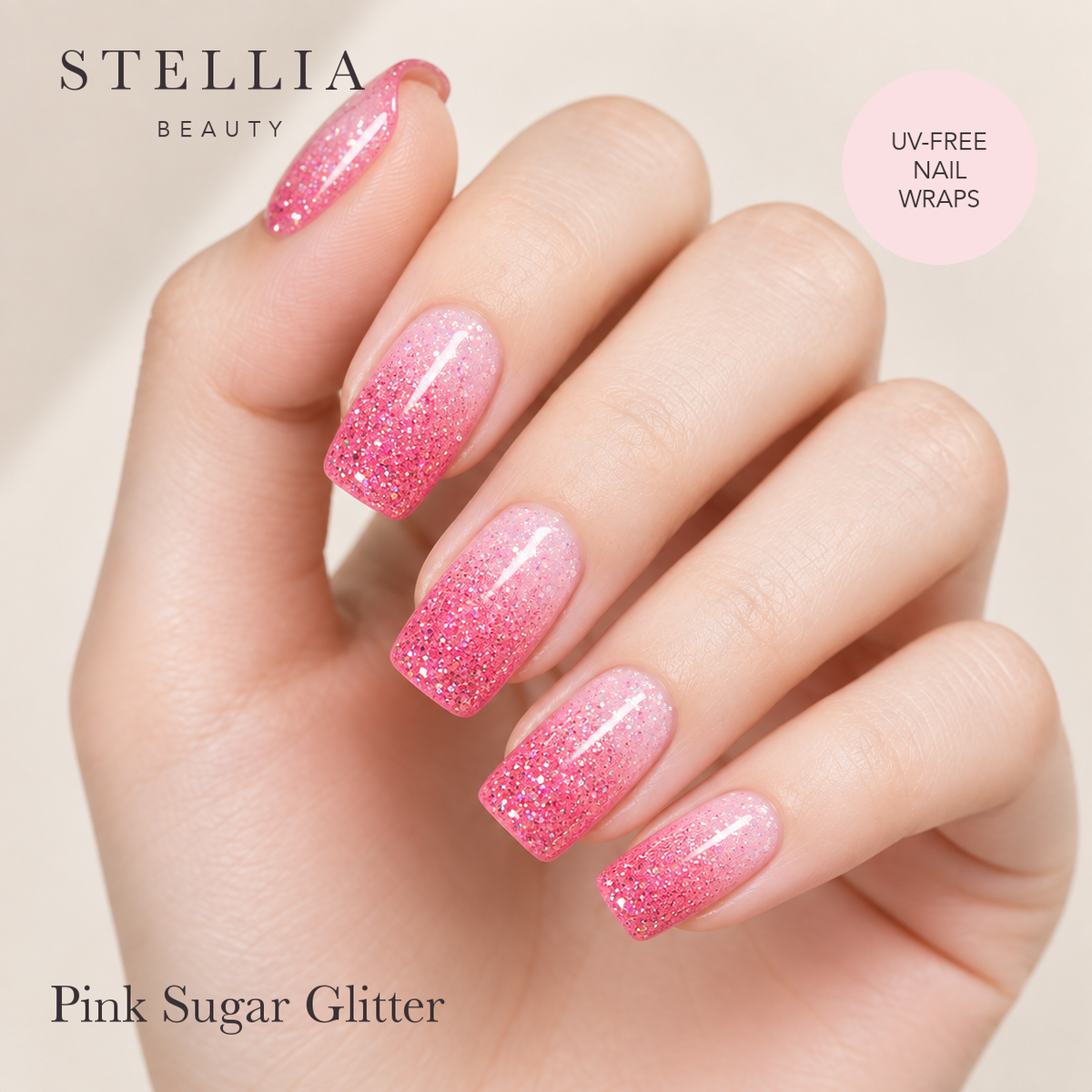 Pink Sugar Glitter nail wraps manicure by Stellia Beauty