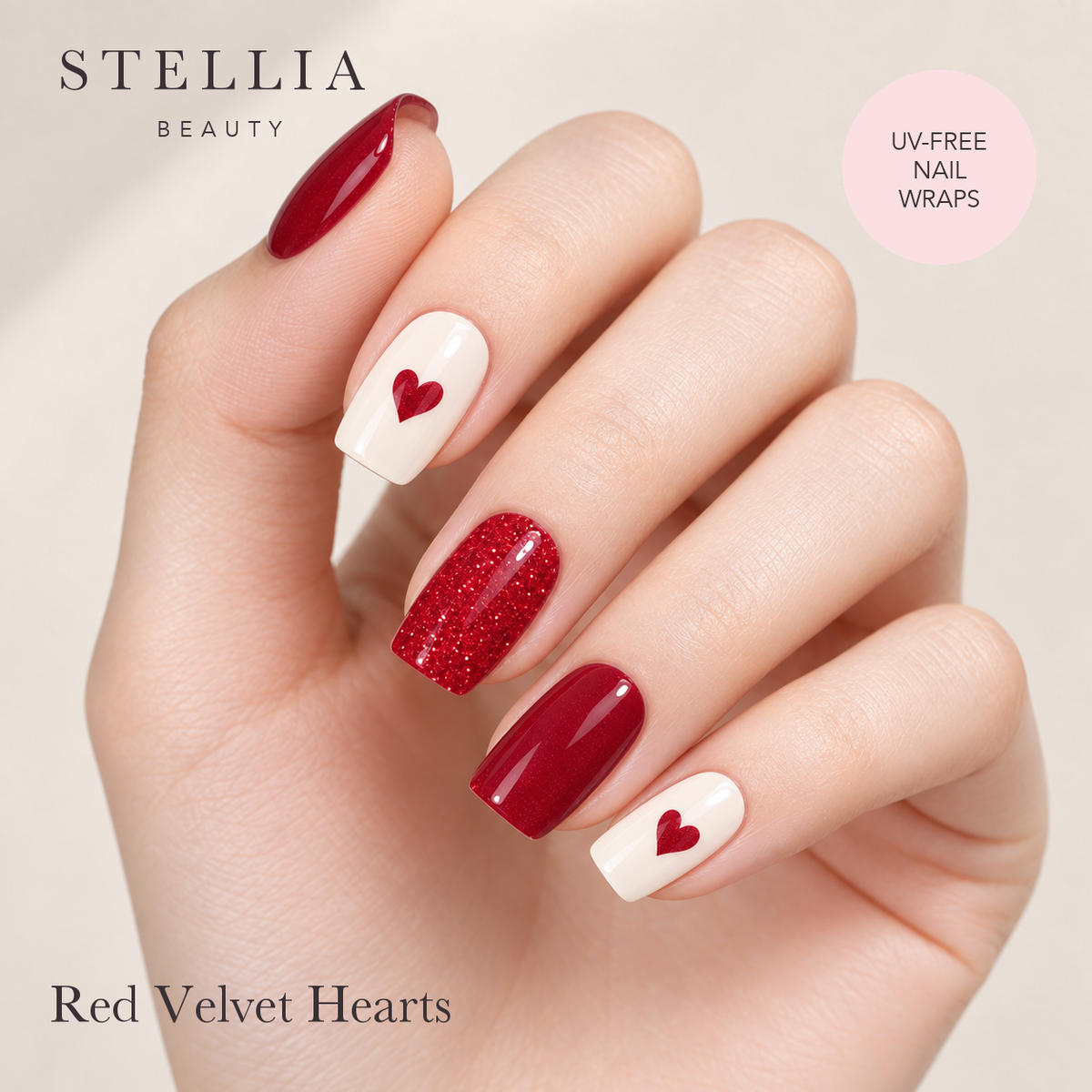 Red Velvet Hearts nail wraps manicure by Stellia Beauty