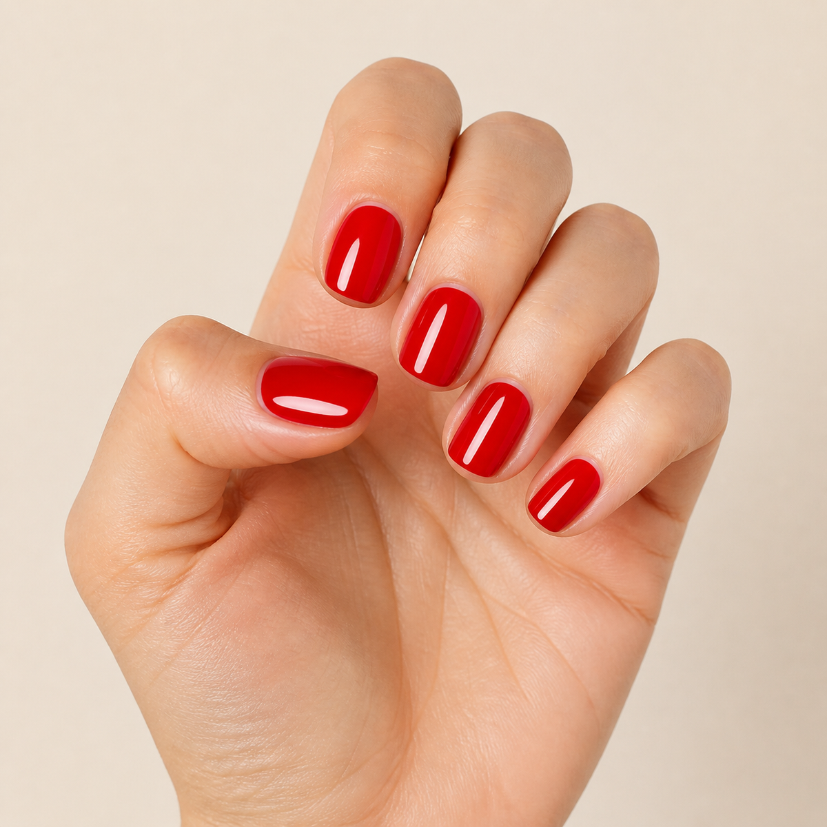 Stellia Beauty Ruby Red nail wraps on a glossy bright red manicure