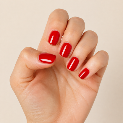 Stellia Beauty Ruby Red nail wraps on a glossy bright red manicure
