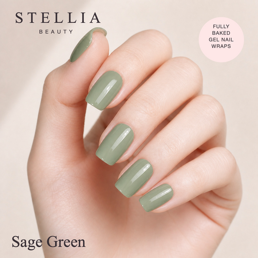 Stellia Beauty Sage Green Fully Cured Gel Nail Wraps manicure