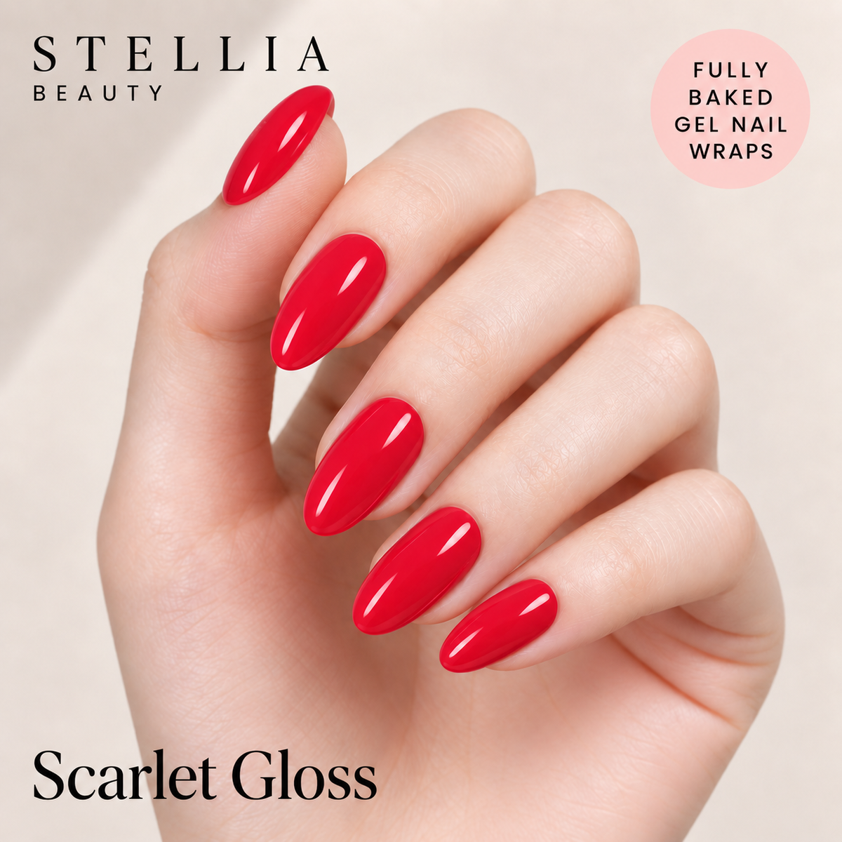 Stellia Beauty Scarlet Gloss fully cured gel nail wraps on manicured hands.