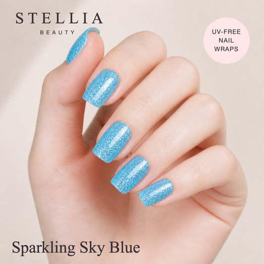 Stellia Beauty Sparkling Sky Blue Glitter Nail Wraps – Easy Peel & Stick Manicure manicure