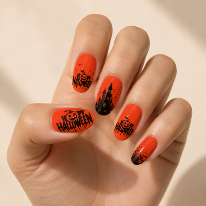 Stellia Beauty Spooky Glow Halloween nail wraps on a orange-red and black Halloween motifs with castles, bats and lettering manicure