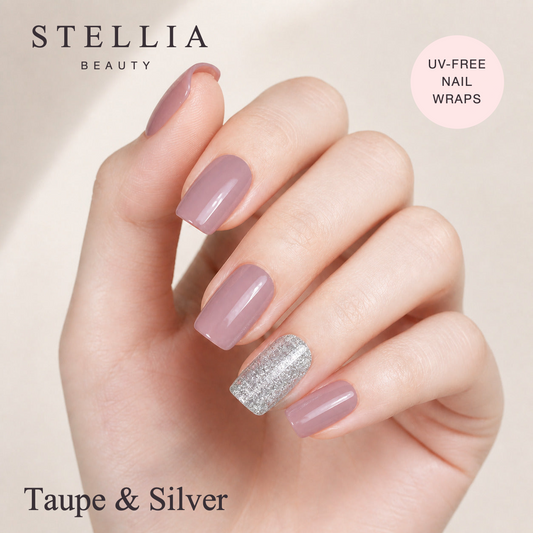 Stellia Beauty Taupe & Silver Glitter Nail Wraps manicure