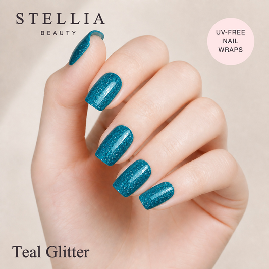 Stellia Beauty Teal Green and Blue Glitter Nail Wraps manicure