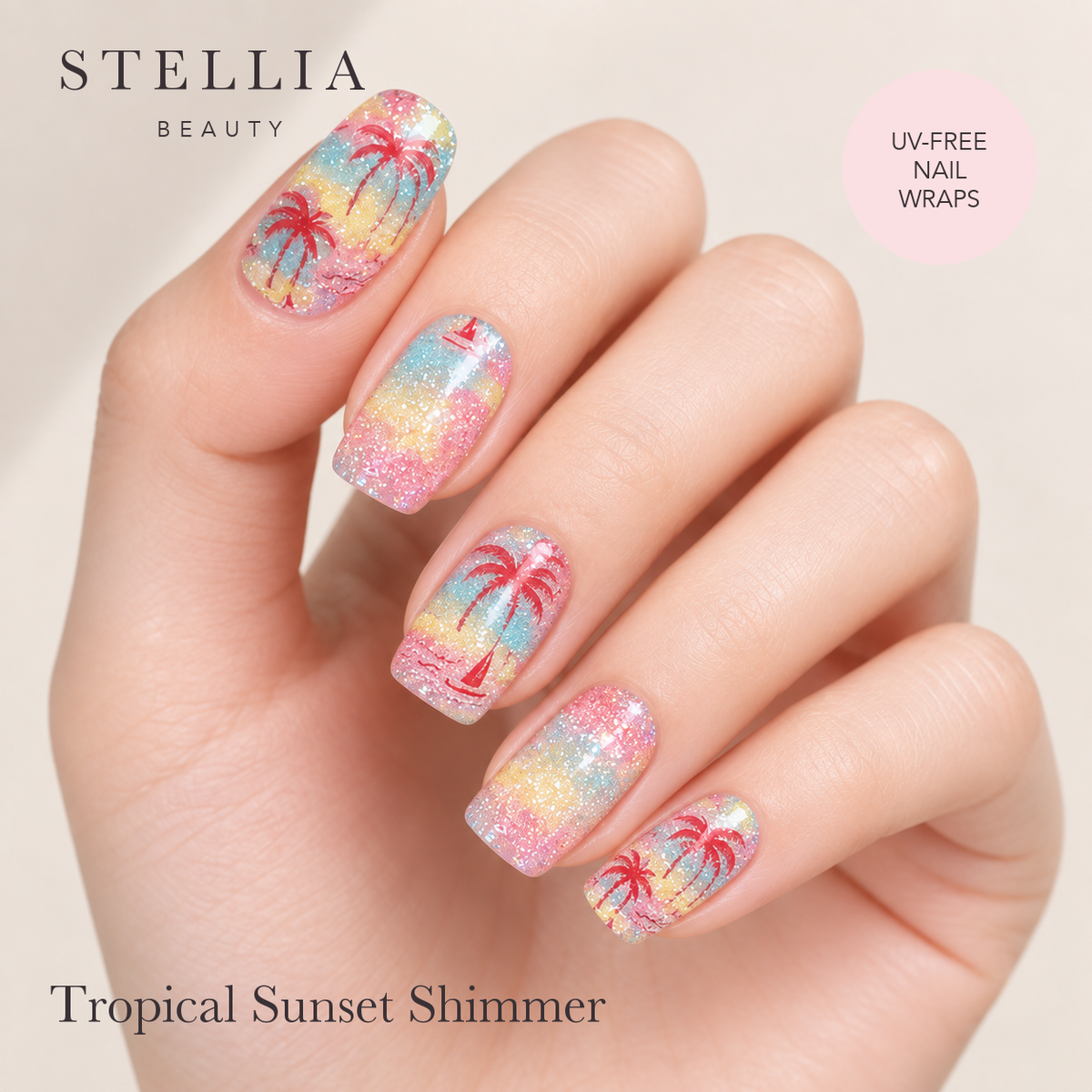 Tropical Sunset Shimmer nail wraps manicure by Stellia Beauty