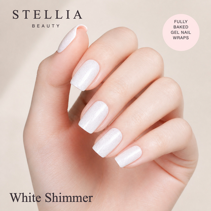 Stellia Beauty White Shimmer Fully Cured Gel Nail Wraps manicure